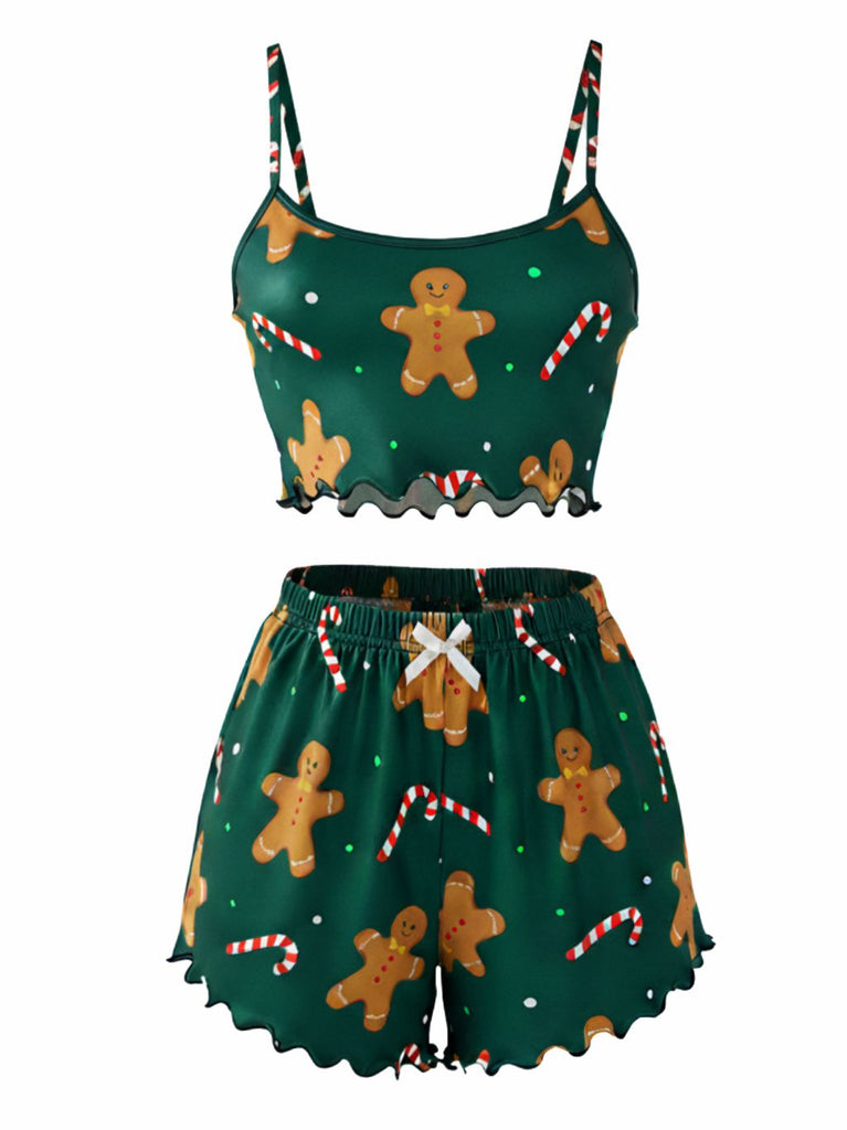 Pigiama in raso con pan di zenzero e caramelle verde anni '70