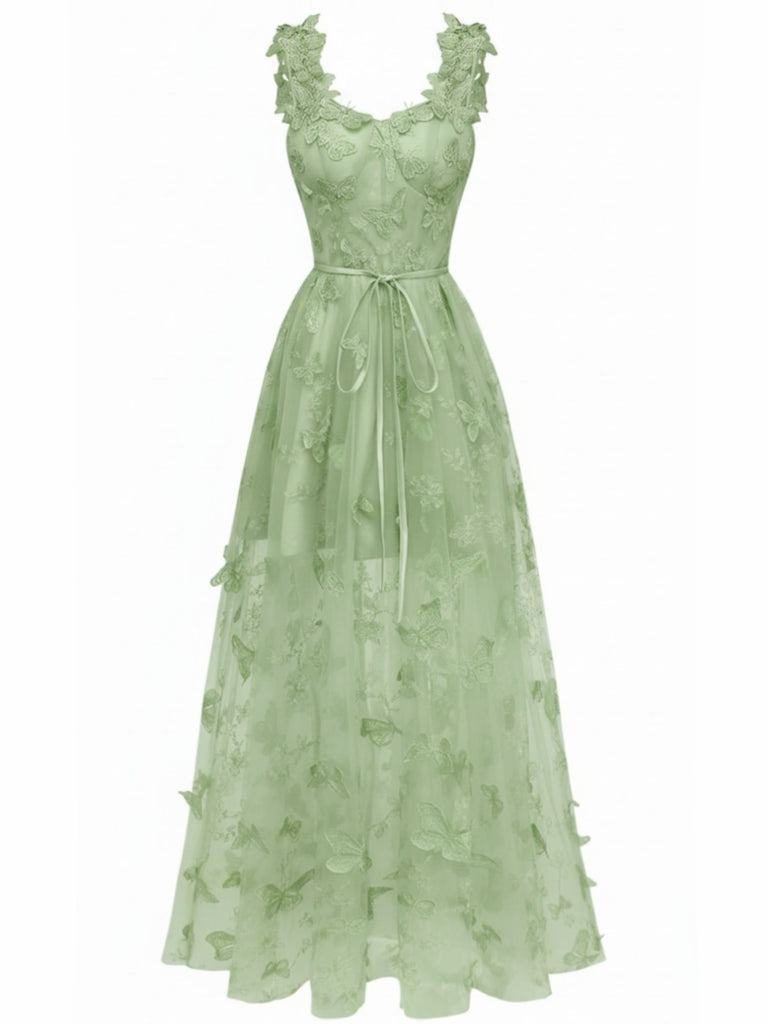 Abito lungo farfalle 3D in rete con spalline sottili verde anni '30