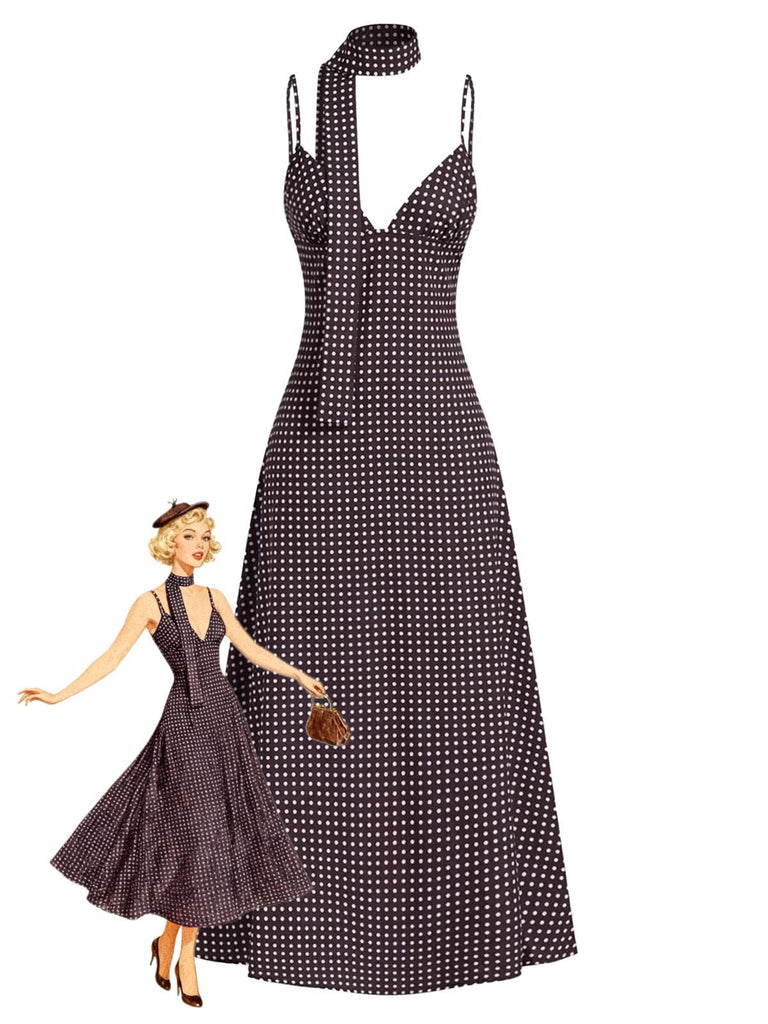 Abito a pois con scollo a V e spalline sottili marrone anni '80