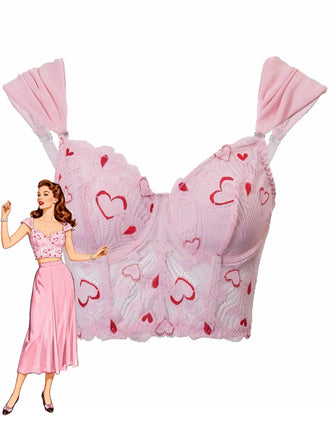 Corsetto a cuore in pizzo con stecche San Valentino rosa anni '50