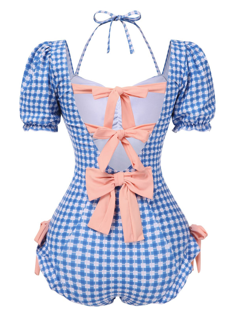Costumi intero plaid con fiocco e maniche a sbuffo anni '50