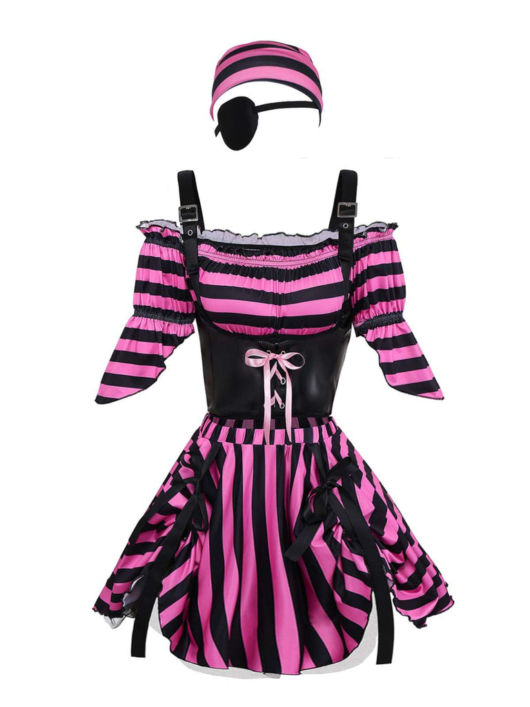 2PCS Set di costumi da pirata a righe Halloween rosa anni '70