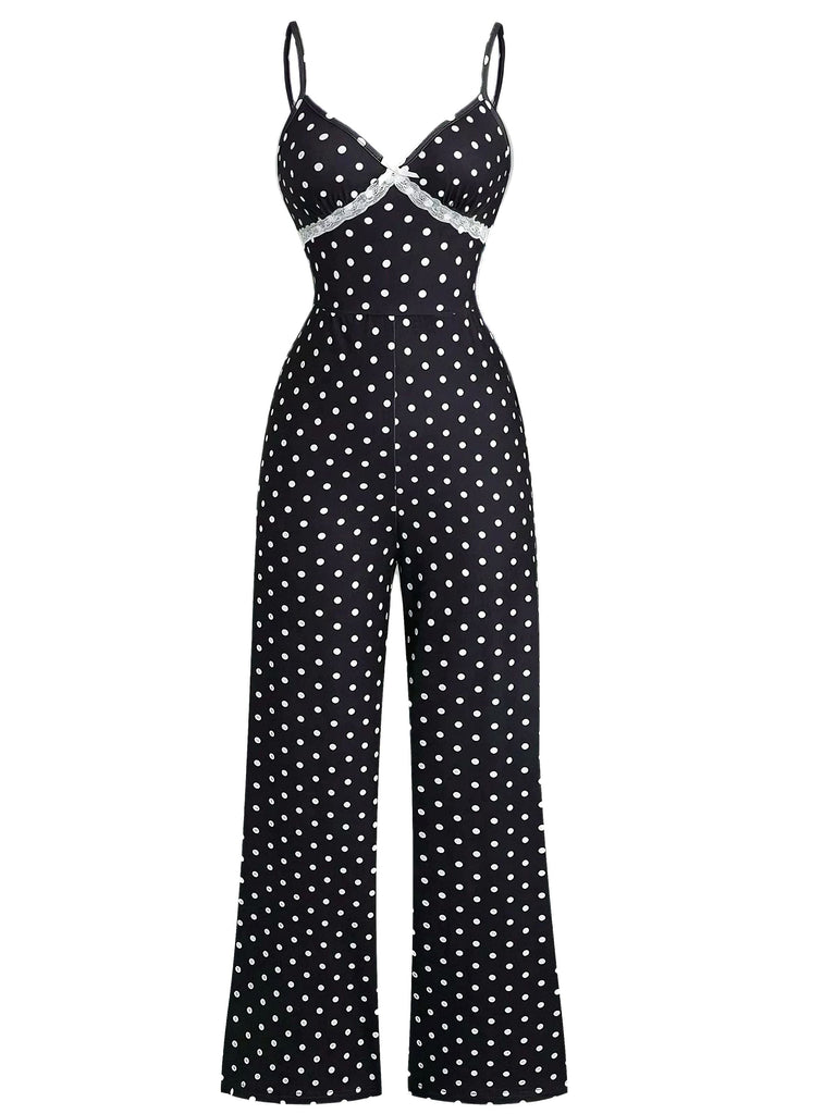 Tuta lunga in pizzo a pois con spalline nero anni '40