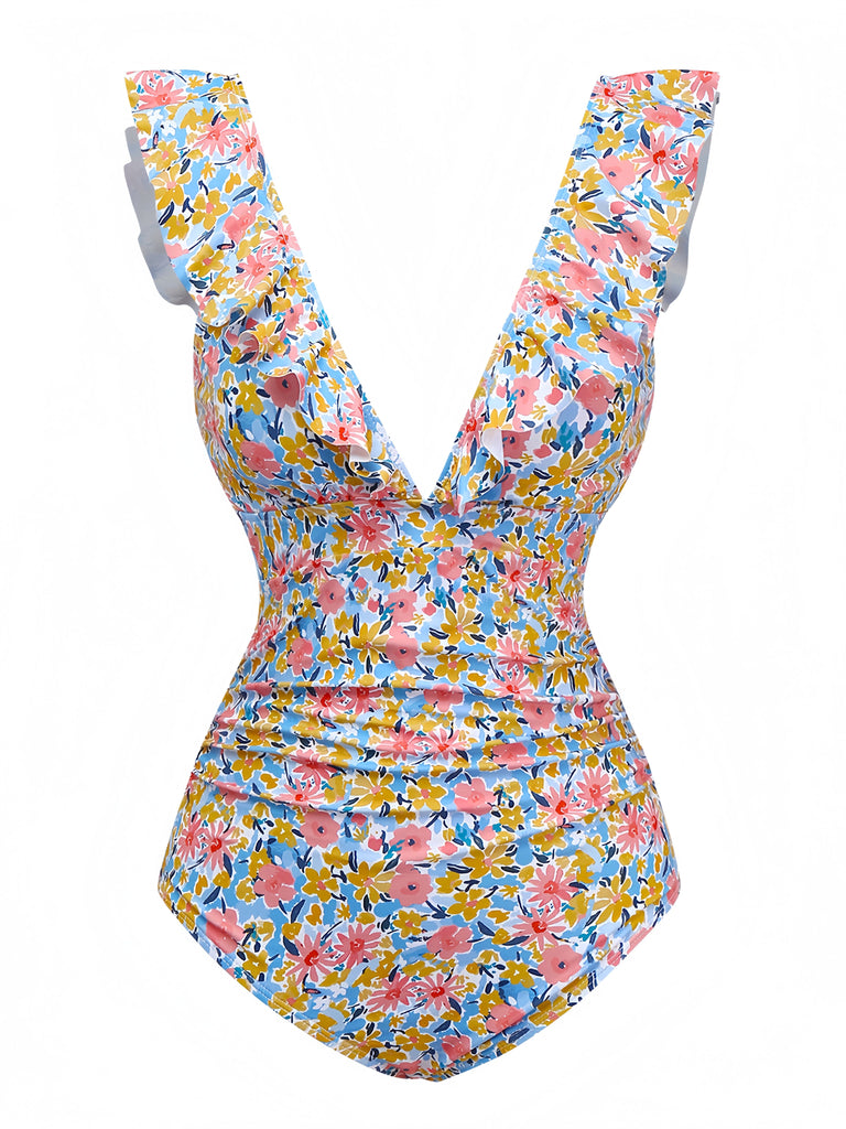 Costumi intero floreale volant scollo a V profondo anni '50