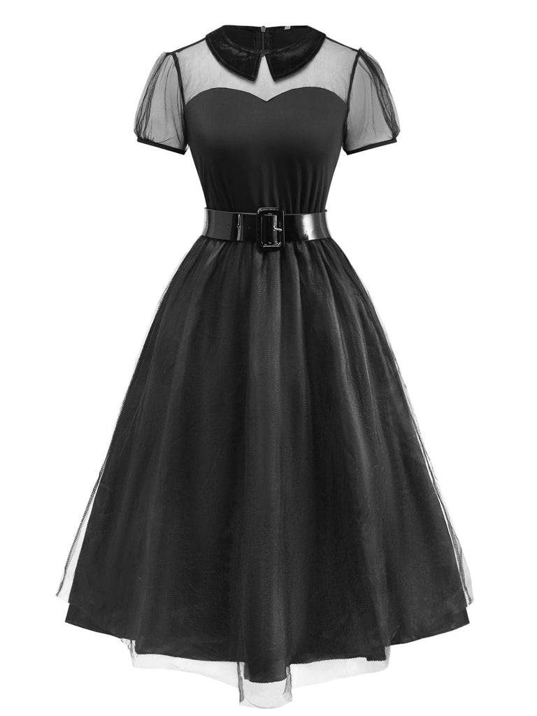 Abito in tulle trasparente e colletto Peter Pan nero anni '40