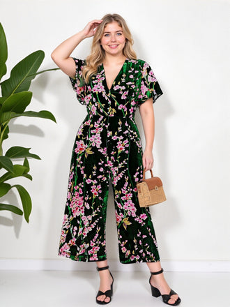 [Taglia Forti] Tuta lunga floreale in velluto verde anni '30