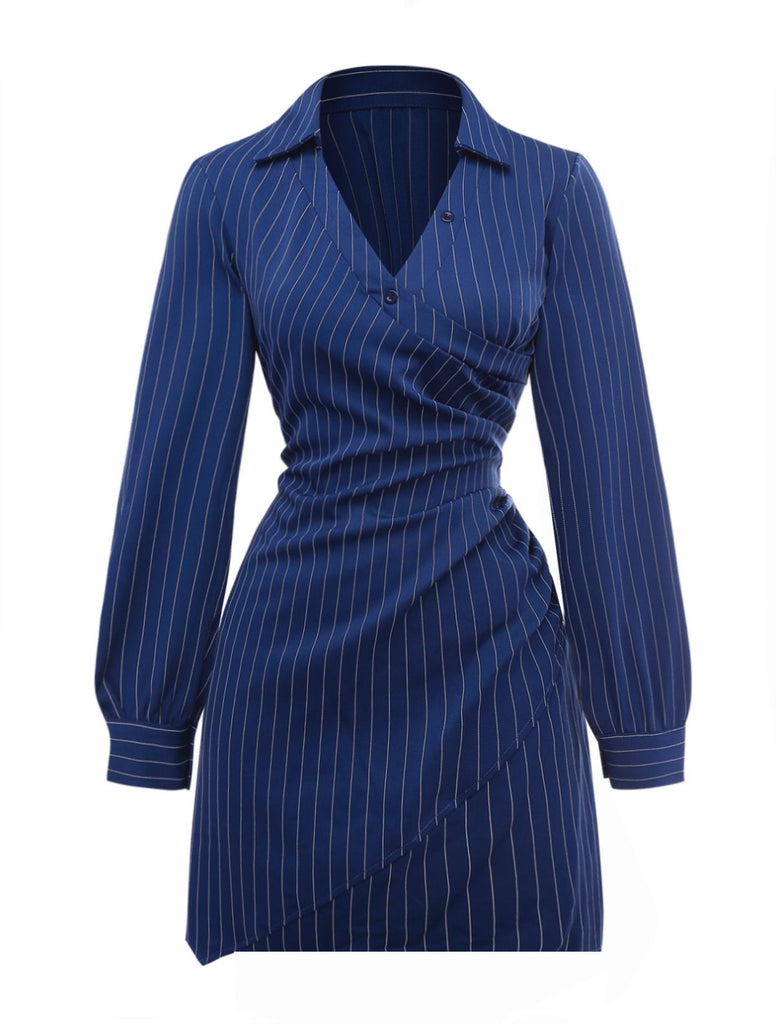 Abito camicia a righe con scollo a V blu anni '60