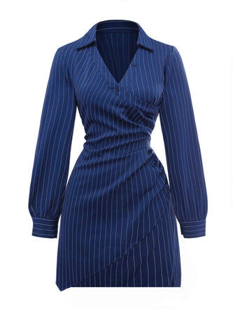 Abito camicia a righe con scollo a V blu anni '60