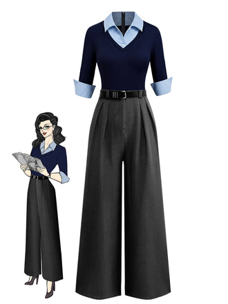 [Prevendita] Tuta lunga con maniche a 3/4 in maglia colorblock blu anni '40