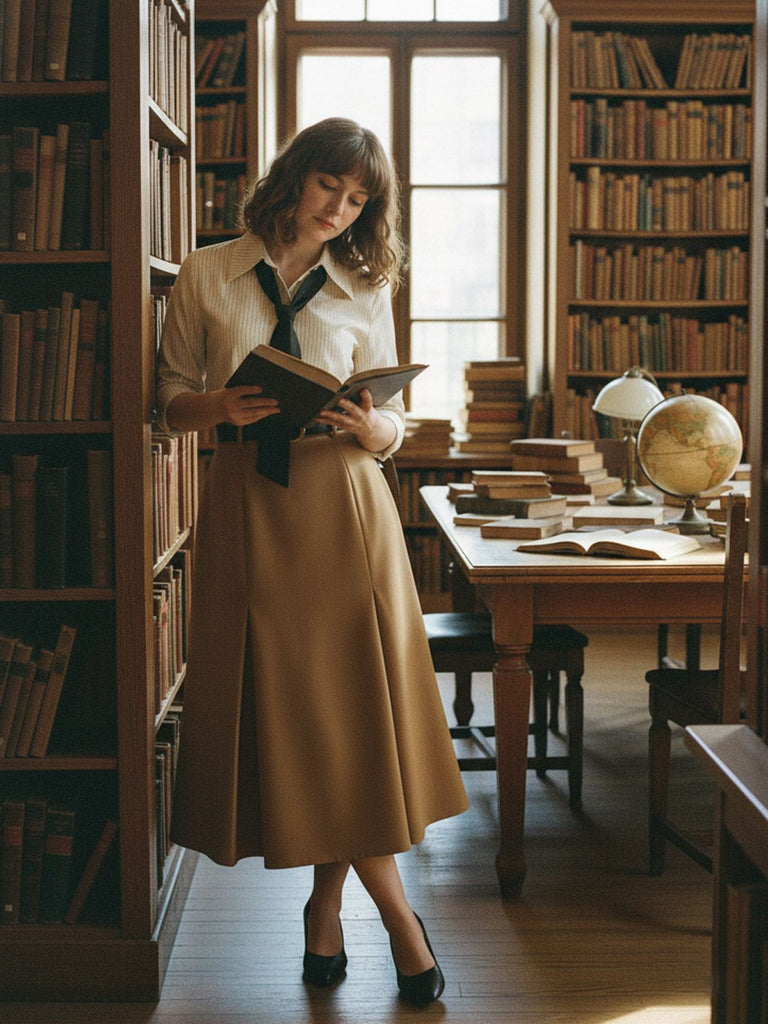 [Prevendita] Abito con cravatta staccabile e camicetta a righe cachi anni '30