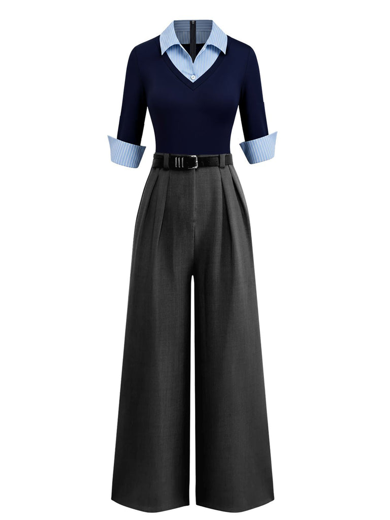 [Prevendita] Tuta lunga con maniche a 3/4 in maglia colorblock blu anni '40