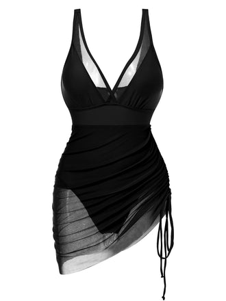 Costumi intero in rete trasparente con spalline nero anni '50