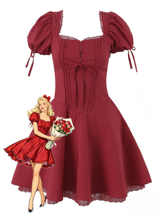 Abito con maniche a sbuffo e lacci rosso anni '60