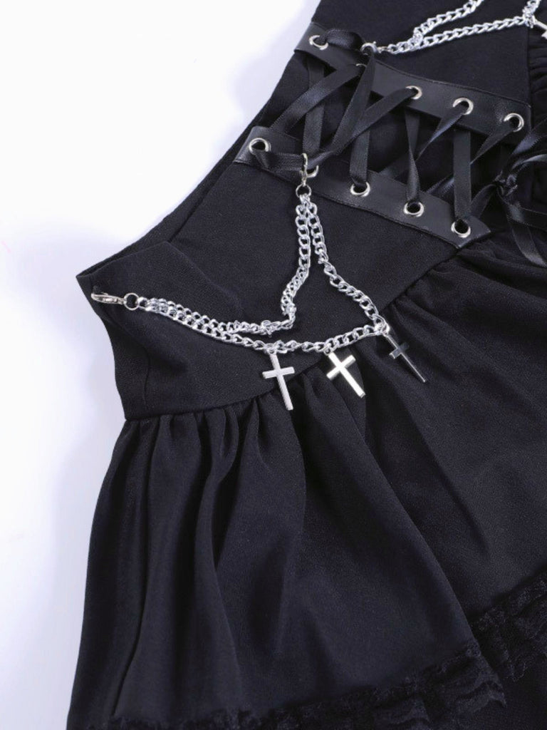 Gonna a strati gotico in pizzo con croce a catena nero anni '80