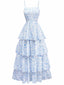 Abito a balze floreale con spalline sottili blu anni '70