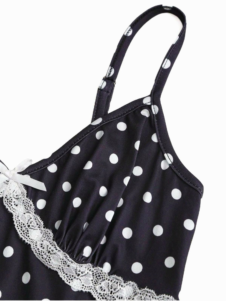 Tuta lunga in pizzo a pois con spalline nero anni '40