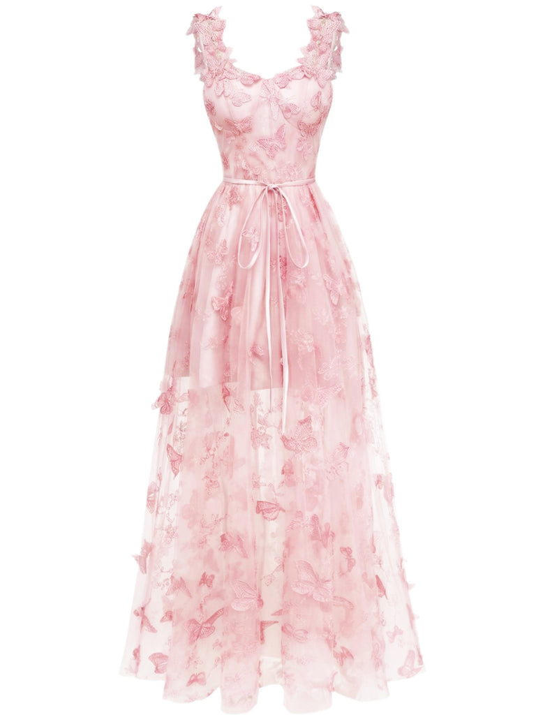 Abito lungo farfalle 3D in rete con spalline sottili verde anni '30