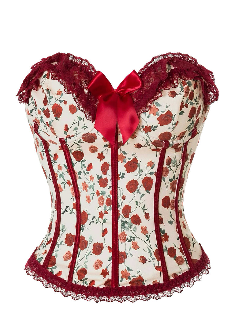 Corsetto senza spalline in pizzo con rose rosso anni '70