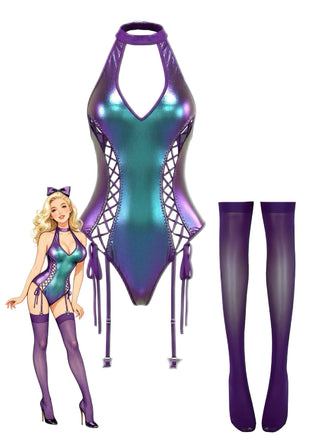 Completo intimo in pelle verniciata con lacci e reggiseno anni '80