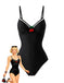 A classic black one-piece swimsuit featuring a sweetheart neckline with white scalloped trim and a decorative cherry appliqué, shown with a retro fashion illustration.