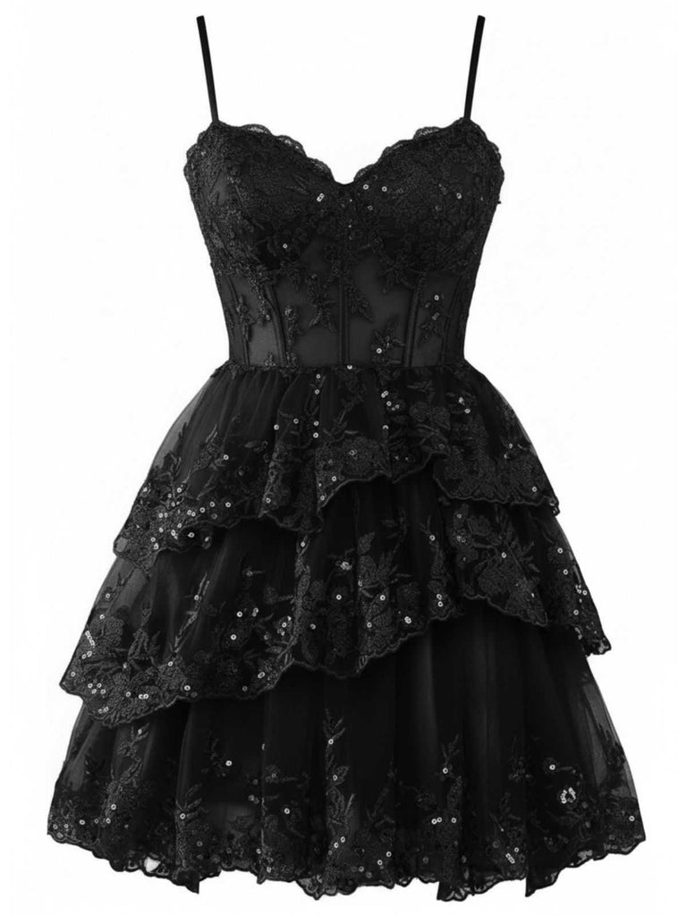 Front studio view of the dress in classic black, featuring the same lace bodice and tiered tulle skirt design.