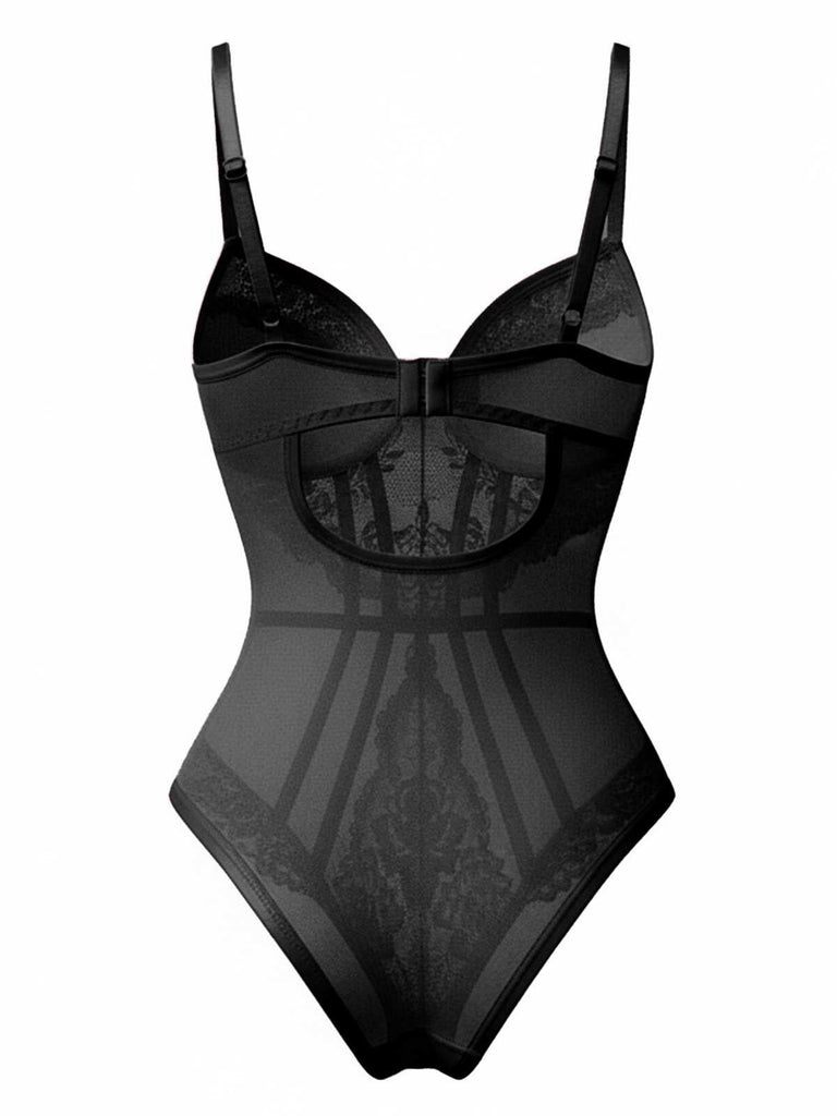 Back studio shot of the black lace bodysuit highlighting the sheer mesh panels and hardware.
