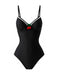 Front studio view of the black pin-up style swimsuit highlighting the contrast trim and cherry accent.