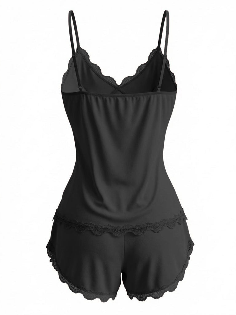 Back view of the sleek black lace-trimmed sleepwear set, showing the versatile and elegant design.