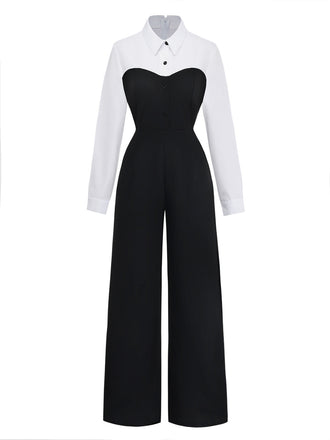 Classic 80s black white colorblock mock two-piece lapel jumpsuit styled for vintage office wear and retro business occasions