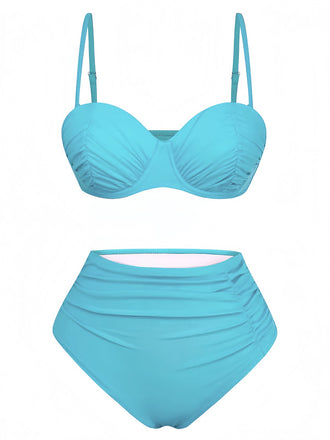 blue-1940s-High-Waisted-Ruched-Bikini-Set-front-view