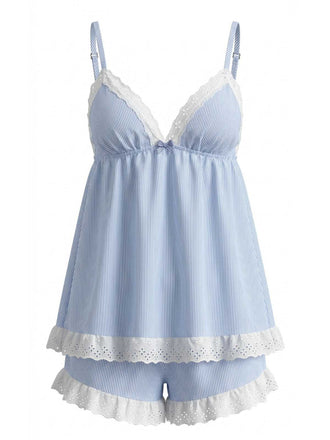 Front studio view of the blue and white striped sleeveless camisole and matching eyelet lace-trimmed shorts.