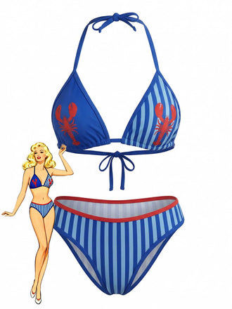 Set Bikini Triangolare Blu Anni '60con Stampa Aragosta e Righe