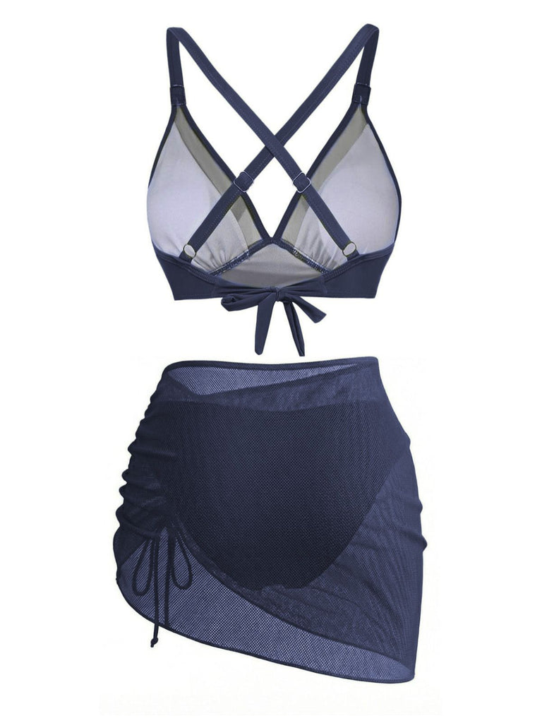 Back: 3PCS 1950s Solid Metal Button Bikini Set, timeless beauty, perfect for vintage fashion lovers