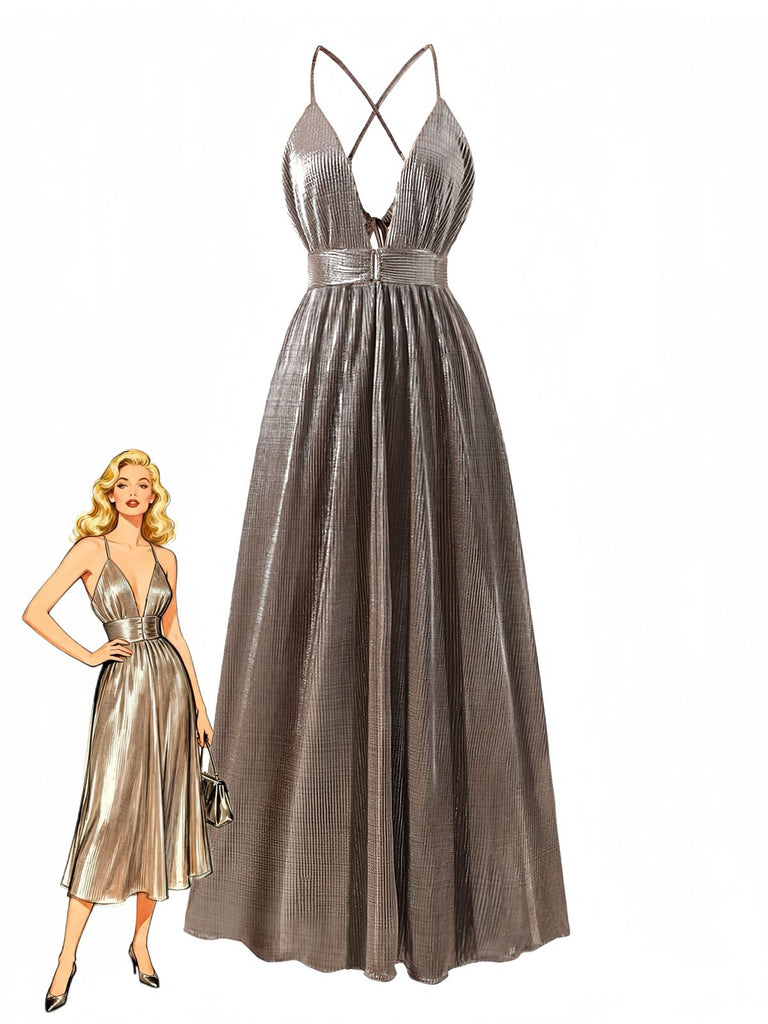 Glamorous brown metallic maxi dress with 1930s vintage design, deep V-neckline and stylish cut-out details, perfect for Great Gatsby themed events and elegant evenings
