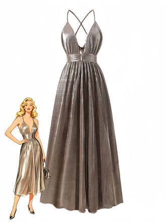 Glamorous brown metallic maxi dress with 1930s vintage design, deep V-neckline and stylish cut-out details, perfect for Great Gatsby themed events and elegant evenings
