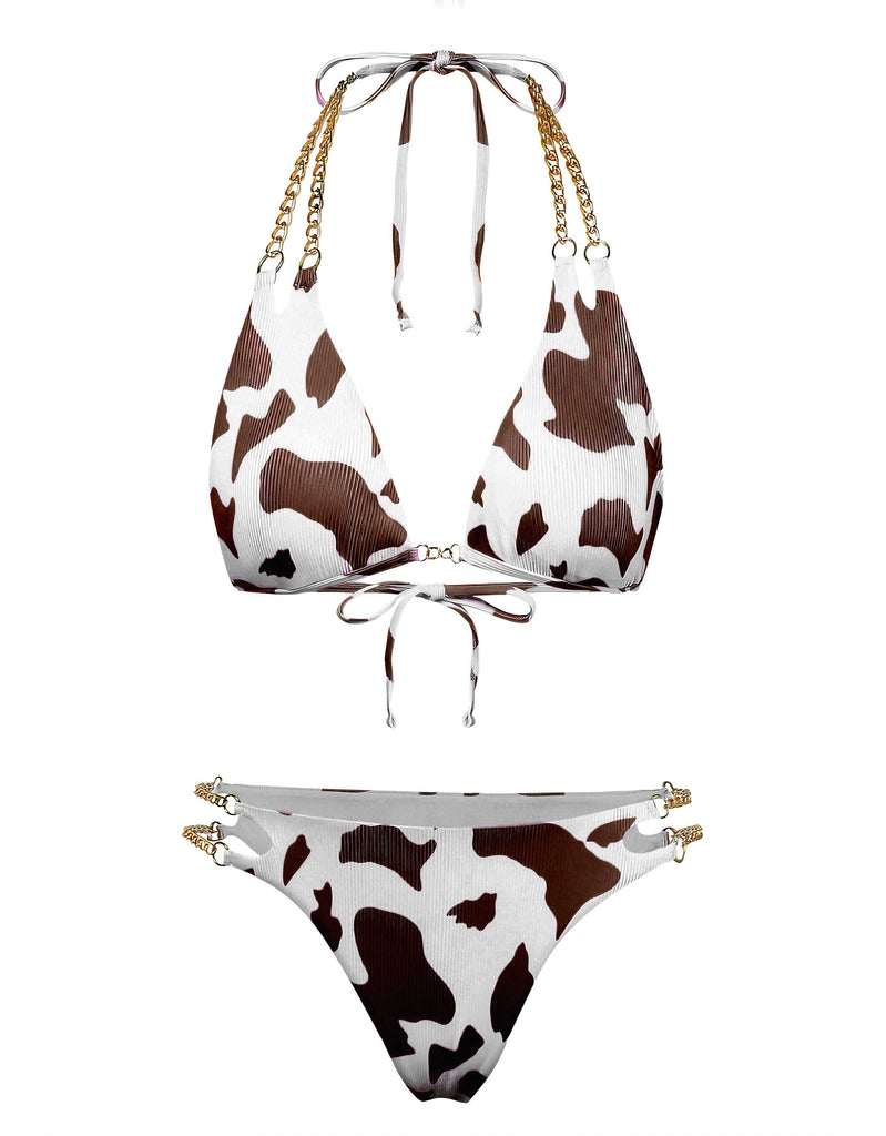 Set Bikini Anni '70 con Stampa Mucca a Coste