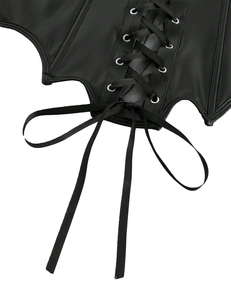 Corsetto gotico in pelle con ali di pipistrello nero anni '70