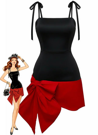 Abito con scollo quadrato e fiocco rosso e nero anni '60