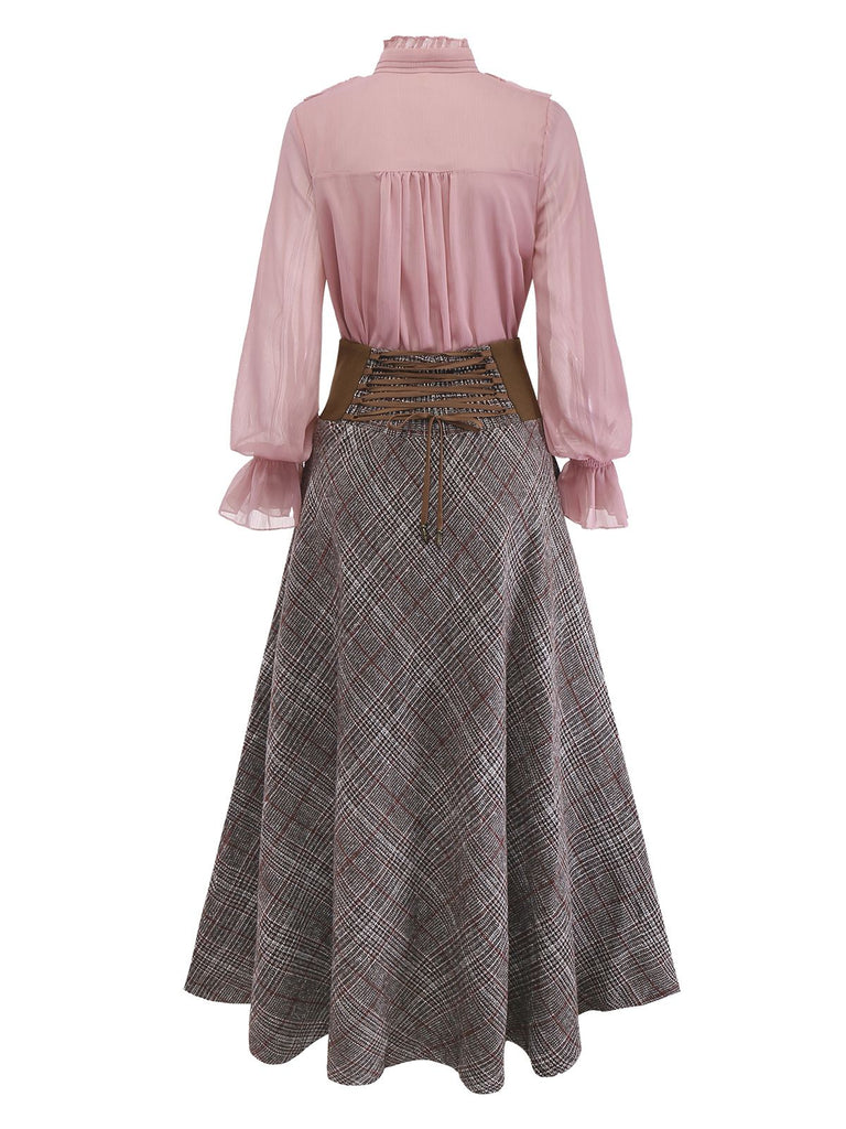 2PCS Camicetta con volant in chiffon e gonna a quadri anni '80