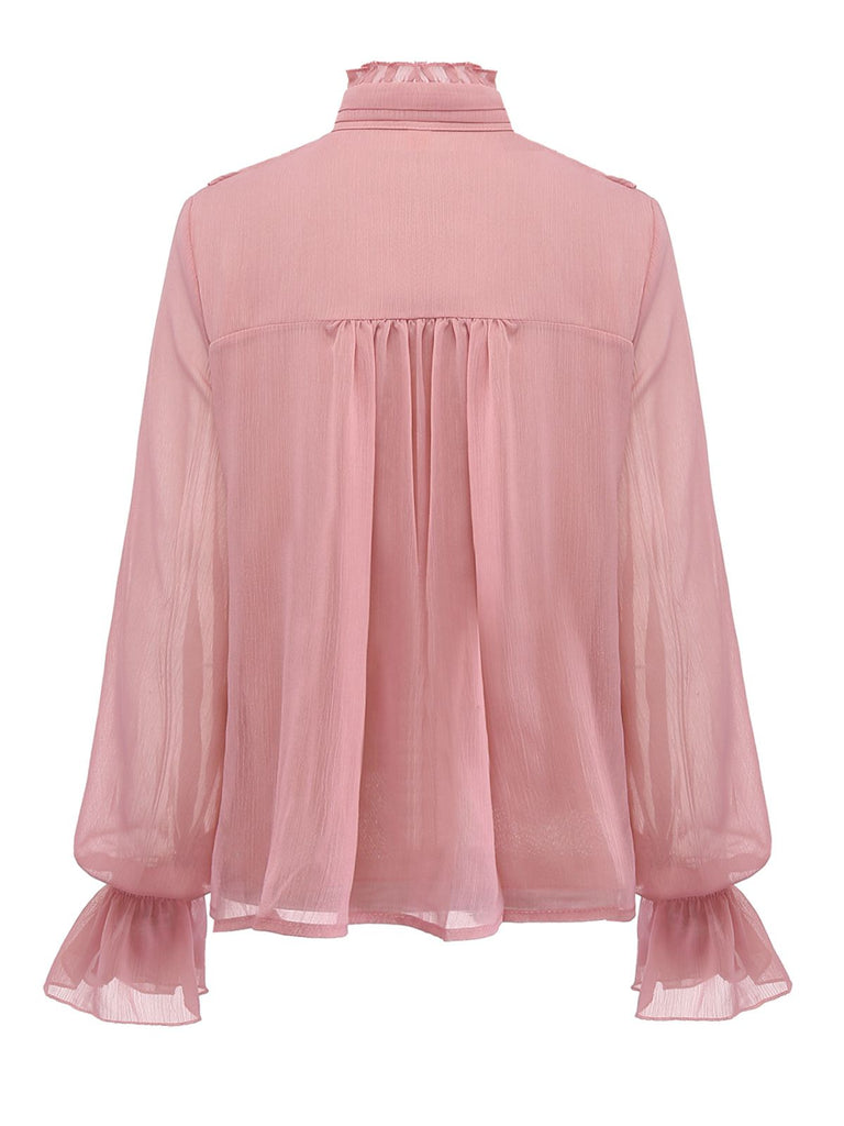 Camicetta in chiffon con volant e collo alto rosa anni '80