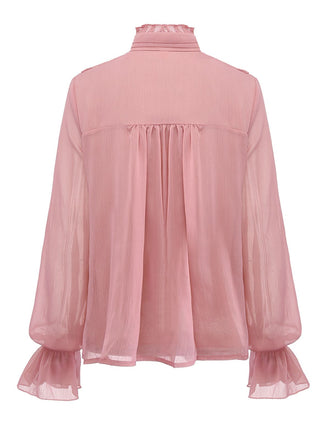 Camicetta in chiffon con volant e collo alto rosa anni '80