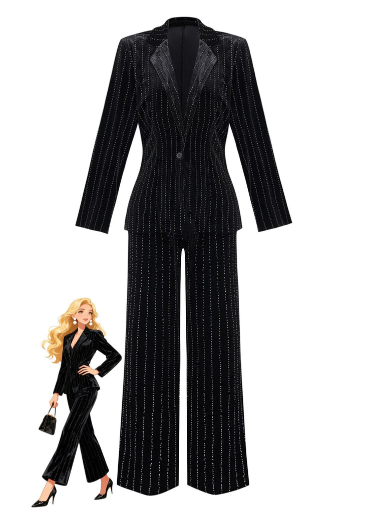 2PCS Completo blazer e pantaloni in velluto con paillettes nero anni '60