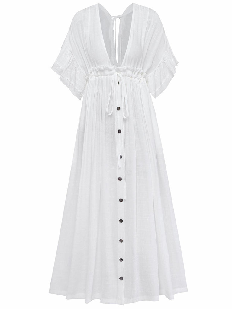 Copricostume da spiaggia in rayon slub con scollo a V anni '30