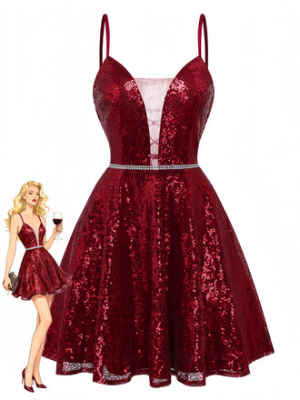 Abito paillettes in rete con scollo a V profondo bordeaux anni '50