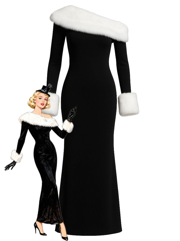 Abito con spalle scoperte e finiture in pelliccia nero anni '80