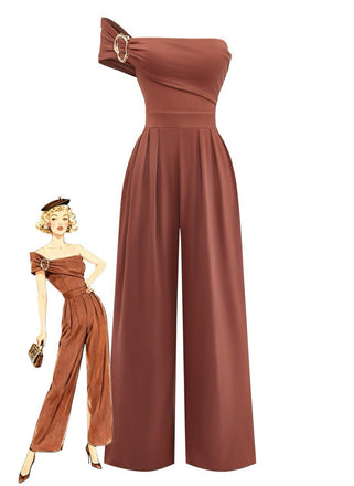 A sophisticated caramel-colored one-shoulder jumpsuit featuring a wide-leg silhouette and a decorative metal buckle on the shoulder, shown with a vintage illustration.