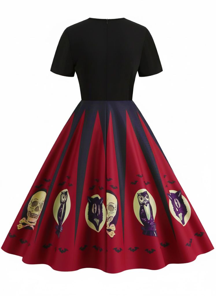 Abito con stampa ragnatela patchwork Halloween rosso anni '50