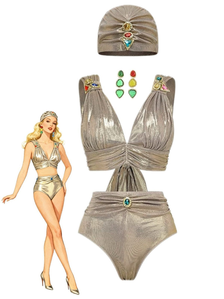 [Prevendita] 5PCS Bikini metallizzato dorato con gioielli ispirato all'Egitto anni '80