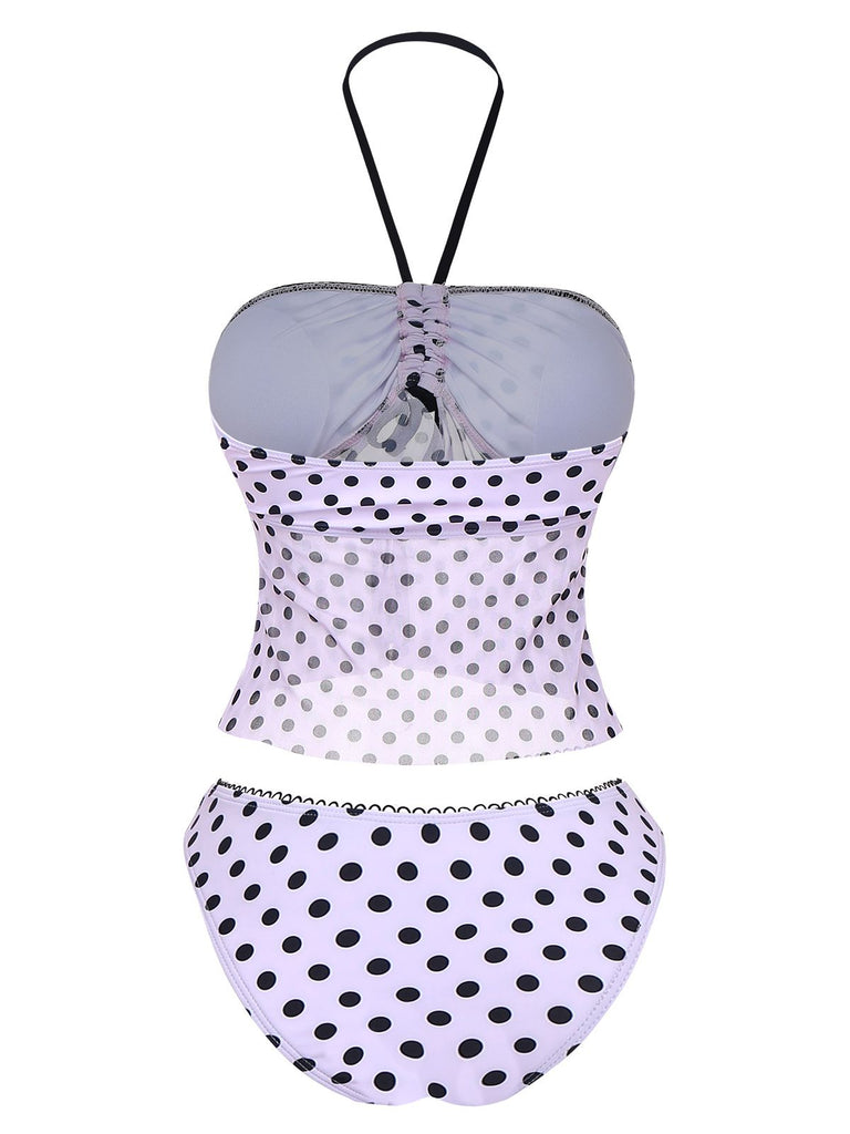 Set tankini a pois con fiocco e scollo all'americana rosa anni '50