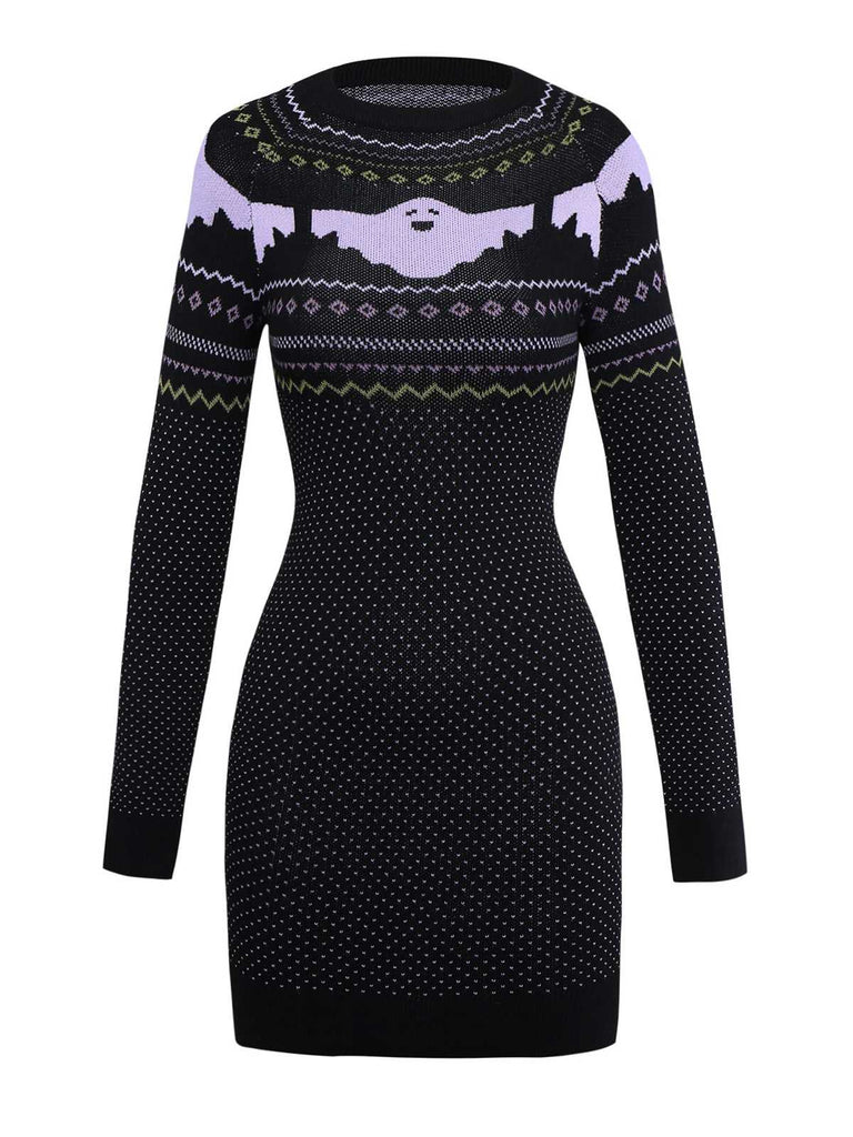 Abito in maglia con pois e fantasma Halloween nero anni '60